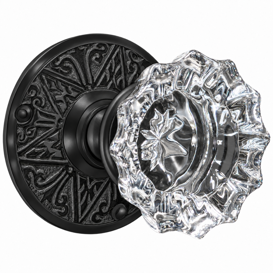Eastlake Rosette Door Set with Fluted Crystal Door Knobs (Several Finishes Available)