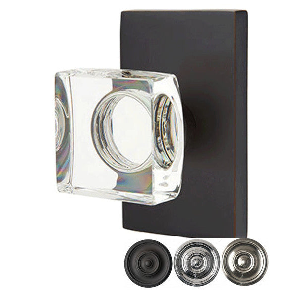 Antique Hardware Emtek Modern Square Crystal Door Knob Set With Modern Rectangular Rosette (Several Finish Options) EMTEK GLASS CRYSTAL MODERN SQUARE DOOR KNOB