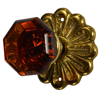 Flower Rosette Crystal Octagon Amber Glass Door Knob Set (Several Finishes Available)