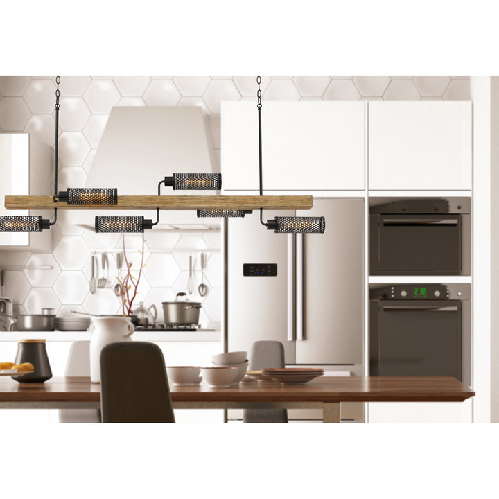 ##Antique Hardware## 60W X 6 LENOX PINE WOOD ISLAND CHANDELIER WITH METAL MESH SHADES