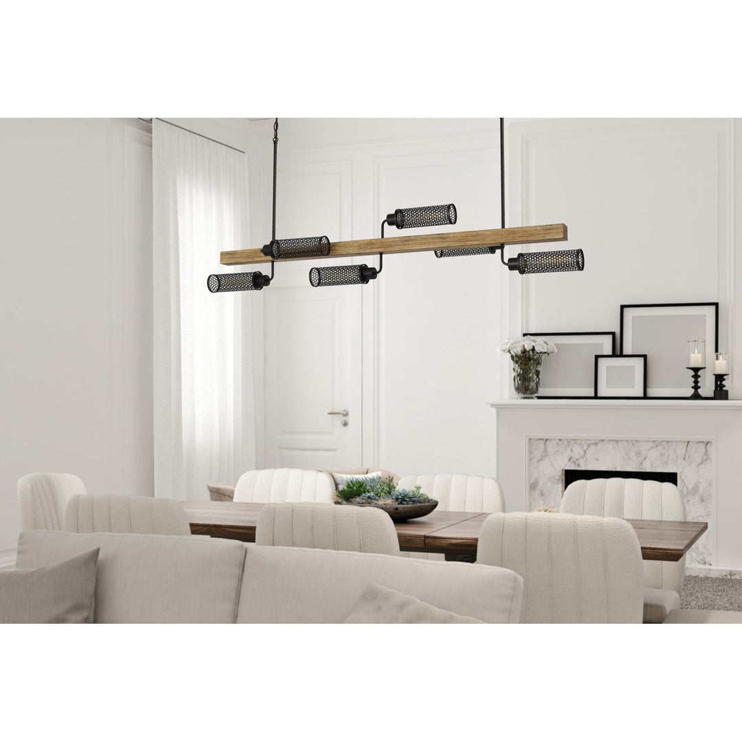 ##Antique Hardware## 60W X 6 LENOX PINE WOOD ISLAND CHANDELIER WITH METAL MESH SHADES