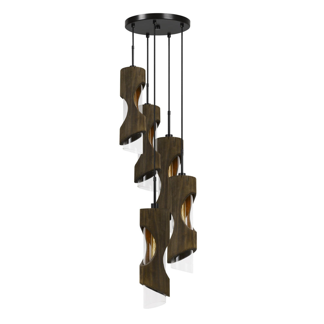 ##Antique Hardware## 60W X 5 ZAMORA 5 LIGHT WOOD PENDANT WITH CLEAR GLASS SHADE (EDISON BULBS NOT INCLUDED)