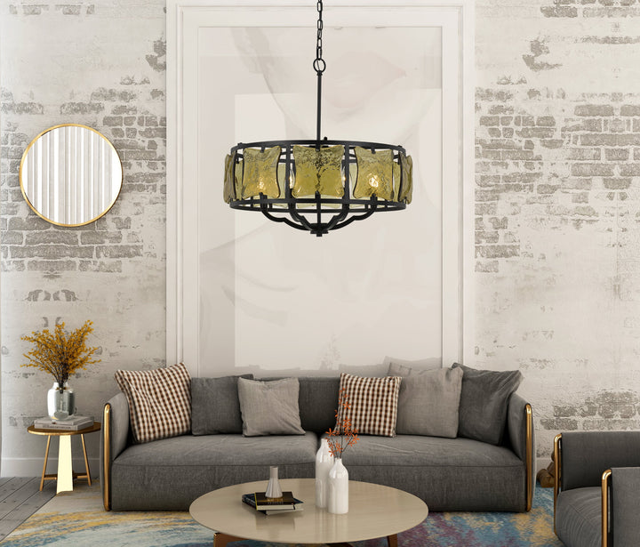 ##Antique Hardware## 60W X 6 REVENNA FORGED IRON CHANDELIER WITH HAND CRAFTED GLASS