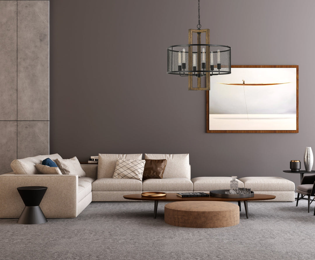 ##Antique Hardware## 60W X 6 MONZA WOOD CHANDELIER WITH MESH SHADE (EDISON BULBS NOT INCLUDED)