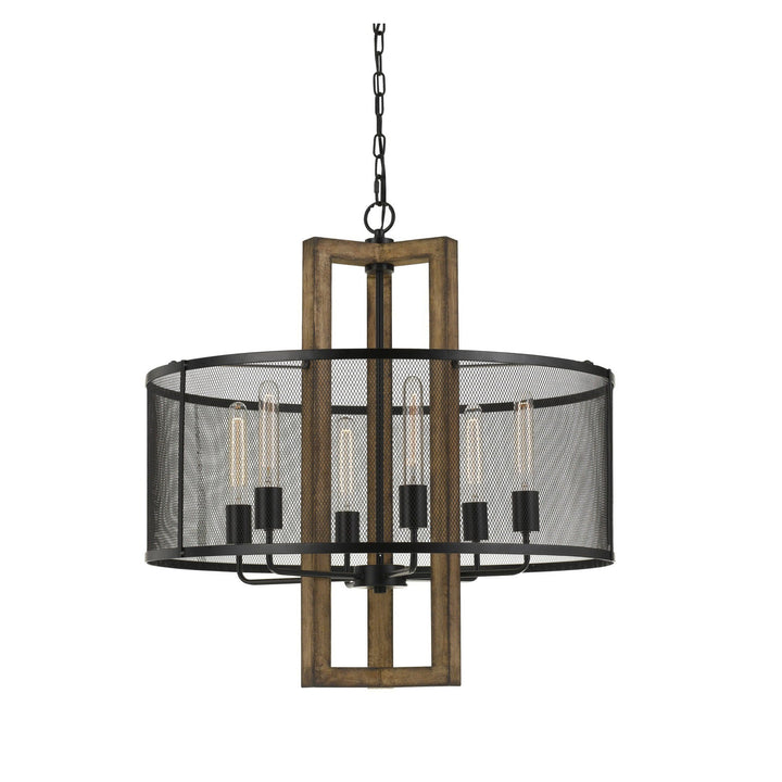 ##Antique Hardware## 60W X 6 MONZA WOOD CHANDELIER WITH MESH SHADE (EDISON BULBS NOT INCLUDED)