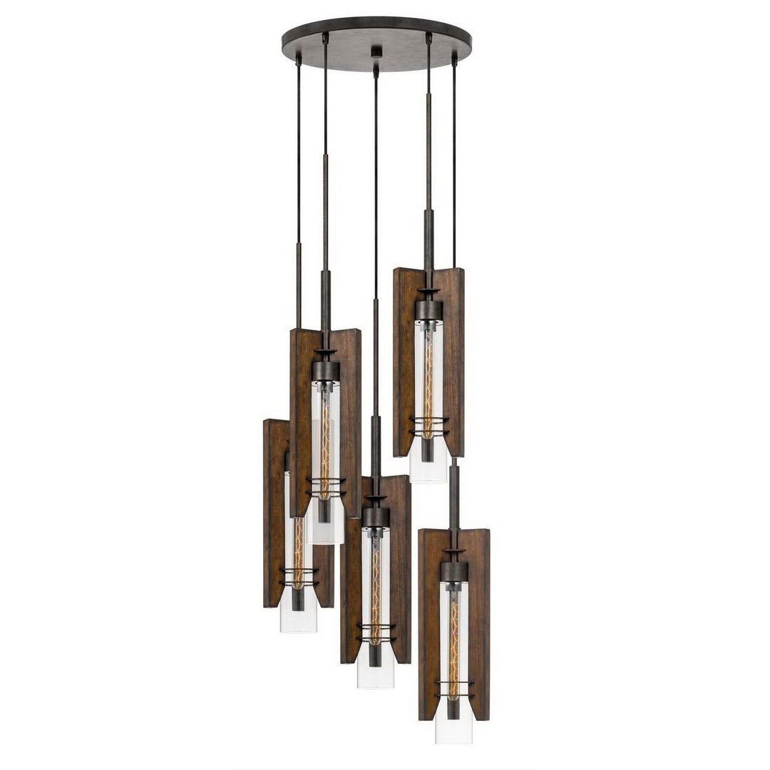 ##Antique Hardware## 60W X 3 ALMERIA WOOD/GLASS 4 LIGHT PENDANT FIXTURE (EDISON BULBS NOT INCLUDED)