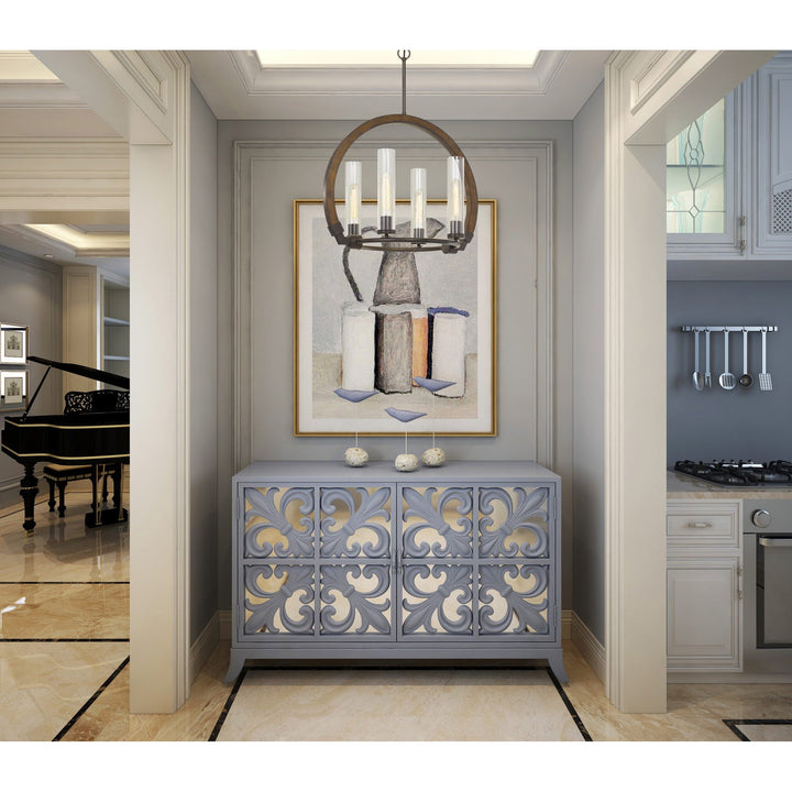 ##Antique Hardware## 60W X 4 SULMONA WOOD/METAL CHANDELIER WITH GLASS SHADE (EDISON BULBS NOT INLCLUDED)