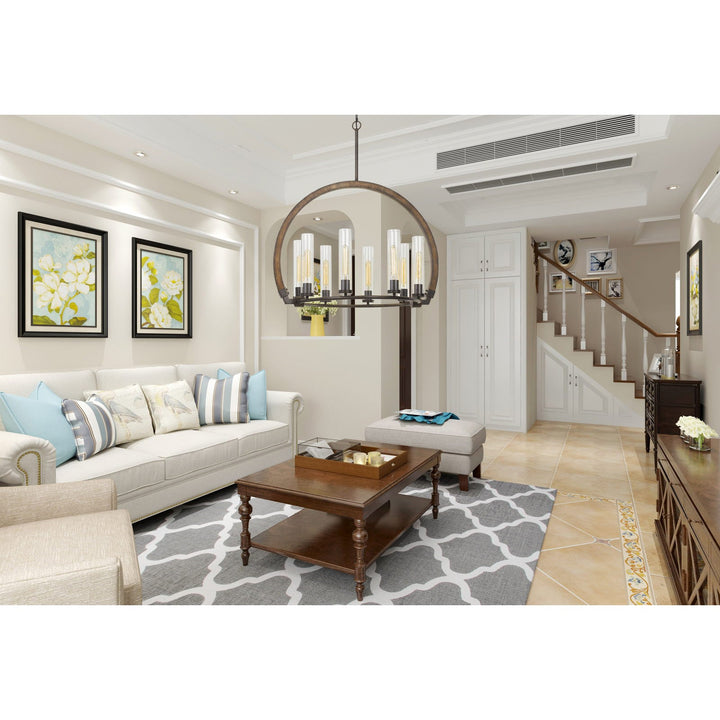 ##Antique Hardware## 60W X 8 SULMONA WOOD/METAL CHANDELIER WITH GLASS SHADE (EDISON BULBS NOT INCLUDED)