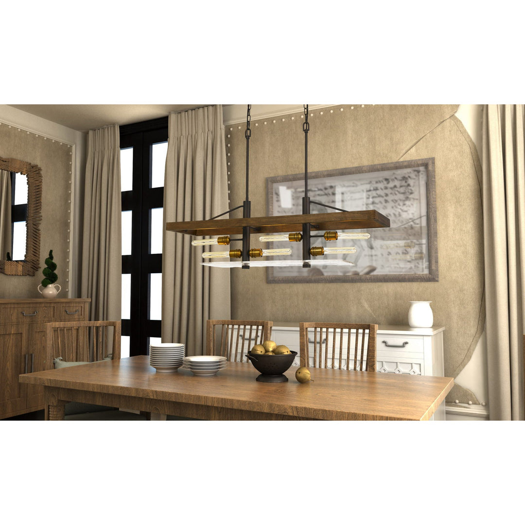 ##Antique Hardware## CRAIOVA 60W X 6 PINE WOOD ISLAND CHANDELIER WITH HAND CRAFTED GLASS (EDISON BULBS NOT INCLUDED)