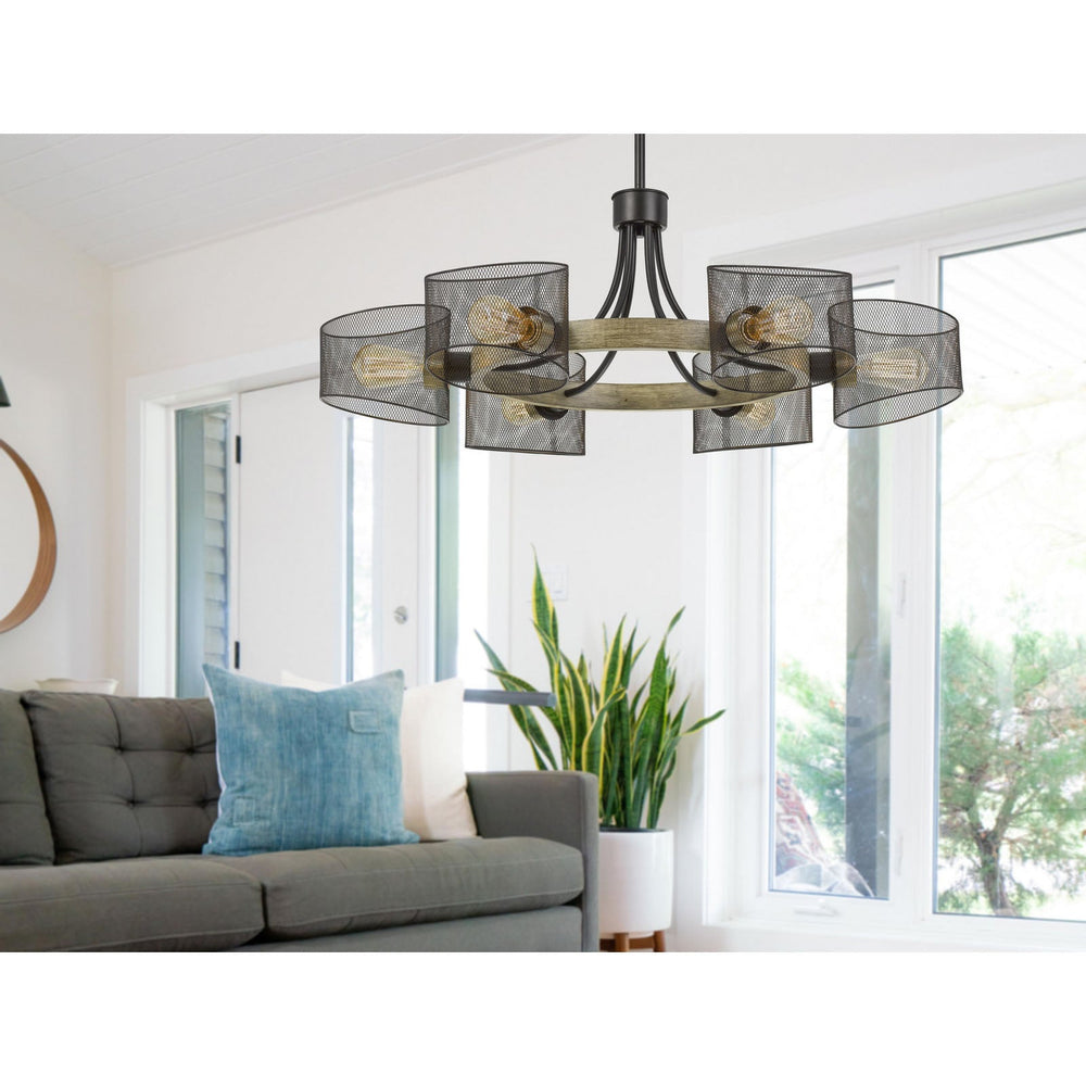 ##Antique Hardware## 60W X 6 DRONTEN METAL/WOOD CHANDELIER WITH MESH SHADES (EDISON BULBS ARE NOT INCLUDED)