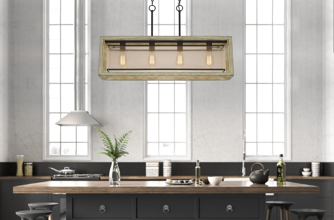 ##Antique Hardware## PALENCIA RUBBER WOOD ISLAND CHANDELIER WITH ORGANZA SHADE