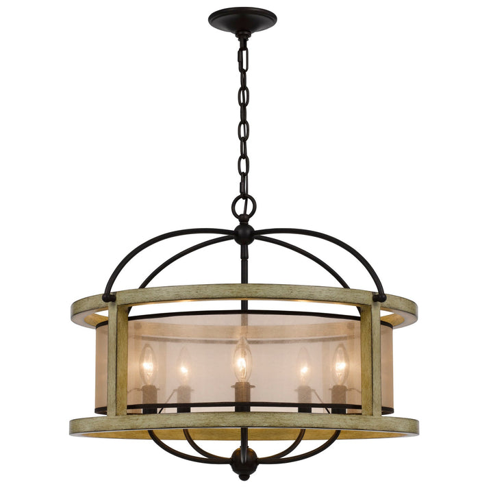 ##Antique Hardware## PALENCIA RUBBER WOOD ROUND CHANDELIER WITH ORGANZA SHADE