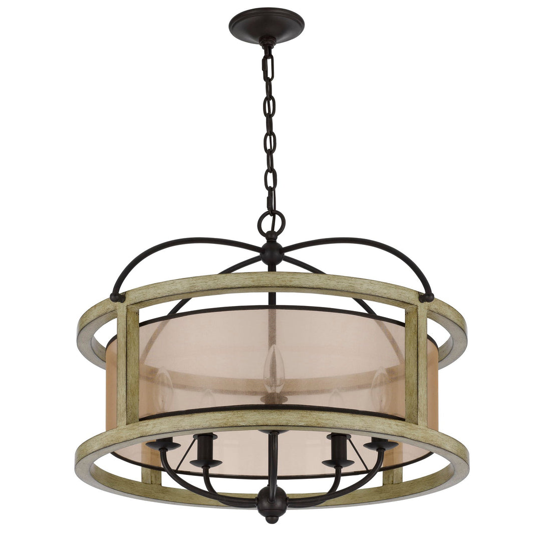 ##Antique Hardware## PALENCIA RUBBER WOOD ROUND CHANDELIER WITH ORGANZA SHADE