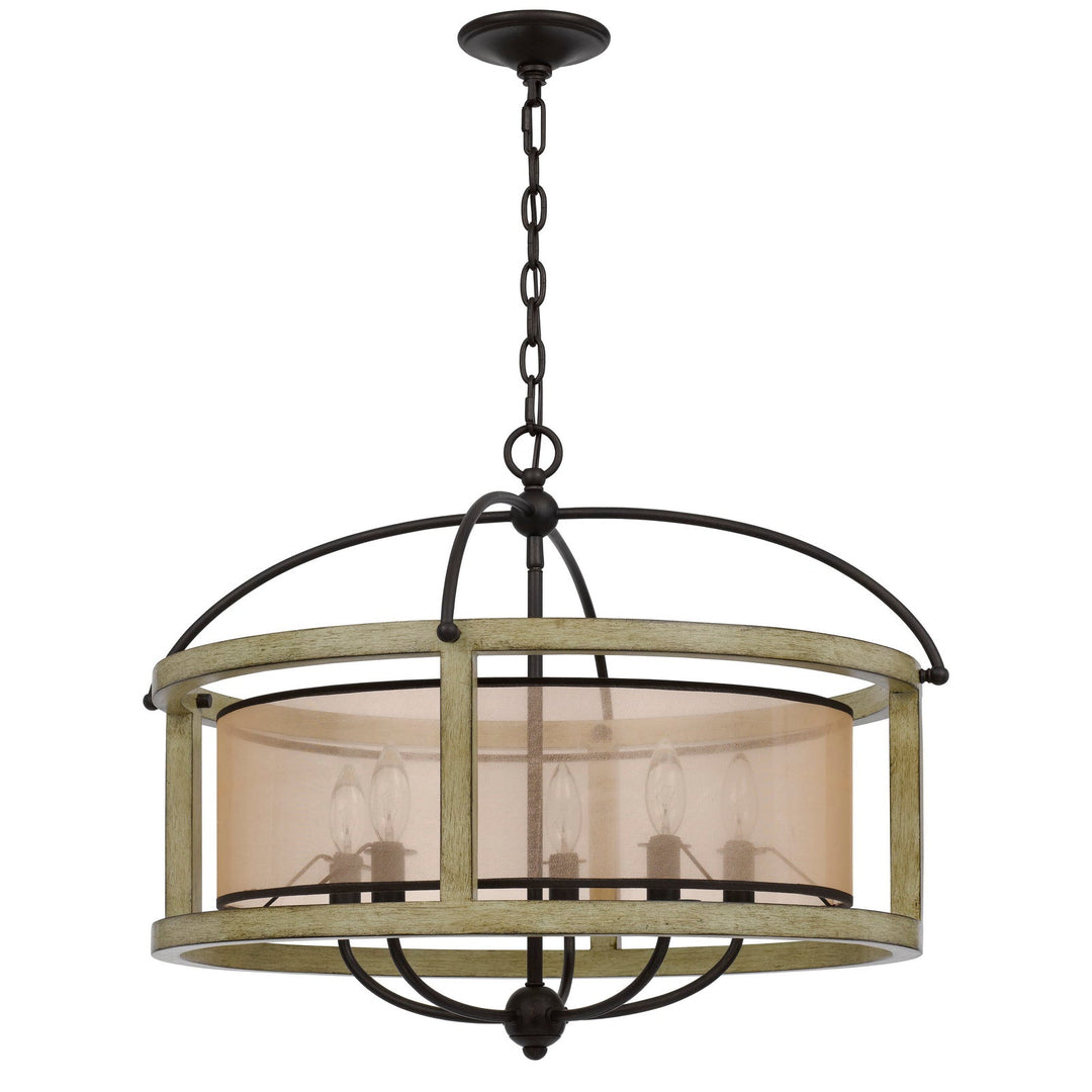 ##Antique Hardware## PALENCIA RUBBER WOOD ROUND CHANDELIER WITH ORGANZA SHADE
