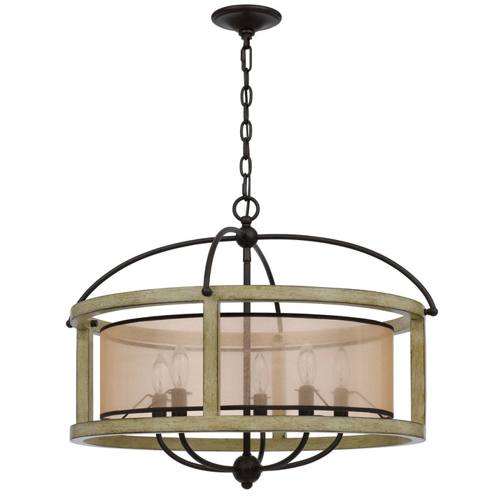 ##Antique Hardware## PALENCIA RUBBER WOOD ROUND CHANDELIER WITH ORGANZA SHADE