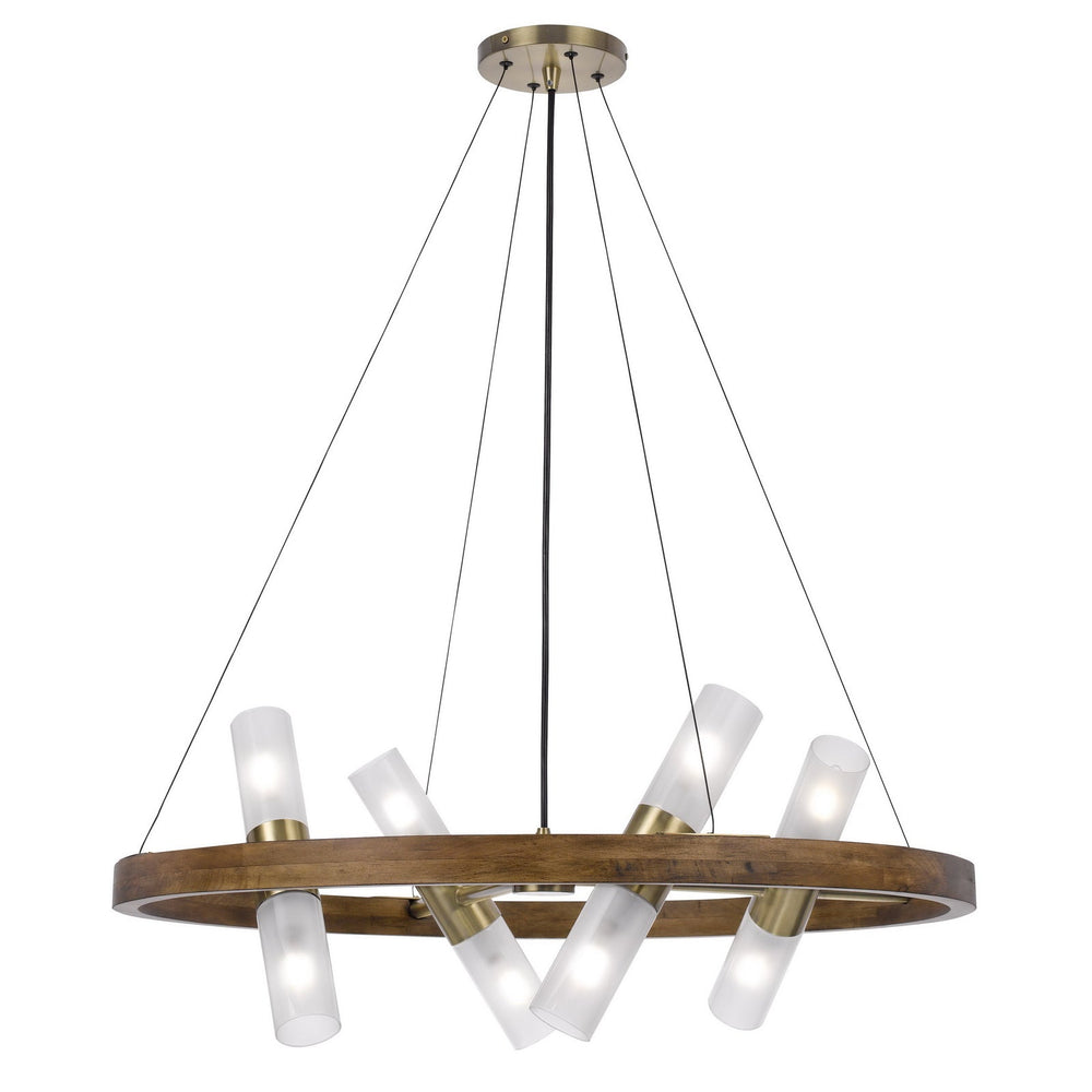 ##Antique Hardware## 40W X 8 HEMPSTEAD BIRCH WOOD CYLINDER CHANDELIER WITH ADJUSTABLE STEEL CABLE AND GLASS SHADES