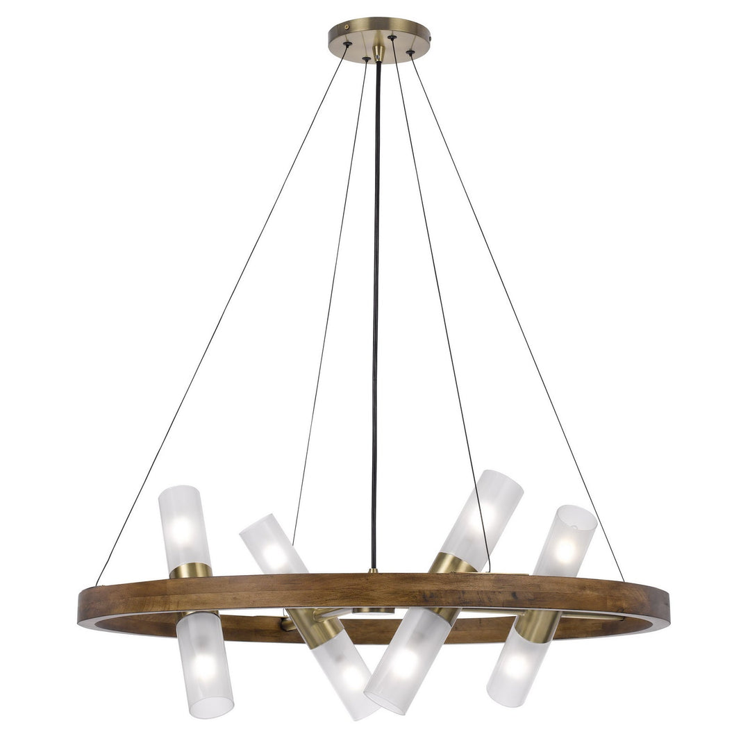 ##Antique Hardware## 40W X 8 HEMPSTEAD BIRCH WOOD CYLINDER CHANDELIER WITH ADJUSTABLE STEEL CABLE AND GLASS SHADES