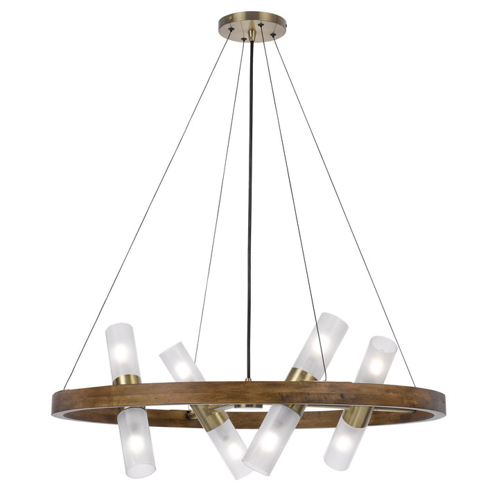 ##Antique Hardware## 40W X 8 HEMPSTEAD BIRCH WOOD CYLINDER CHANDELIER WITH ADJUSTABLE STEEL CABLE AND GLASS SHADES