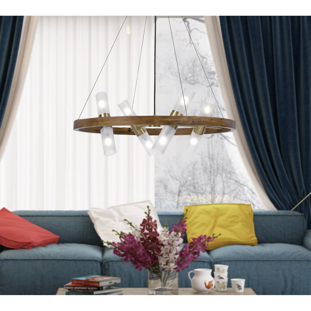 ##Antique Hardware## 40W X 8 HEMPSTEAD BIRCH WOOD CYLINDER CHANDELIER WITH ADJUSTABLE STEEL CABLE AND GLASS SHADES