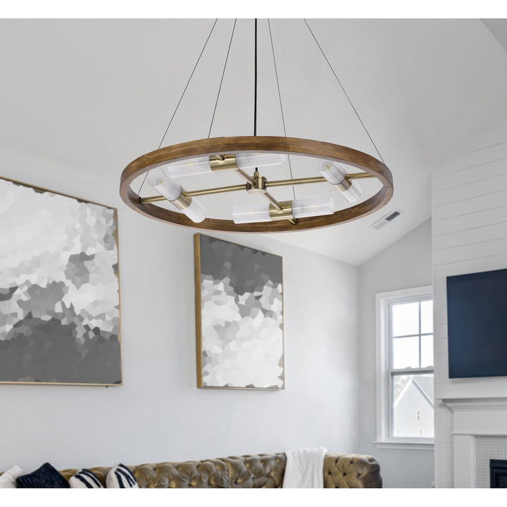 ##Antique Hardware## 40W X 8 HEMPSTEAD BIRCH WOOD CYLINDER CHANDELIER WITH ADJUSTABLE STEEL CABLE AND GLASS SHADES