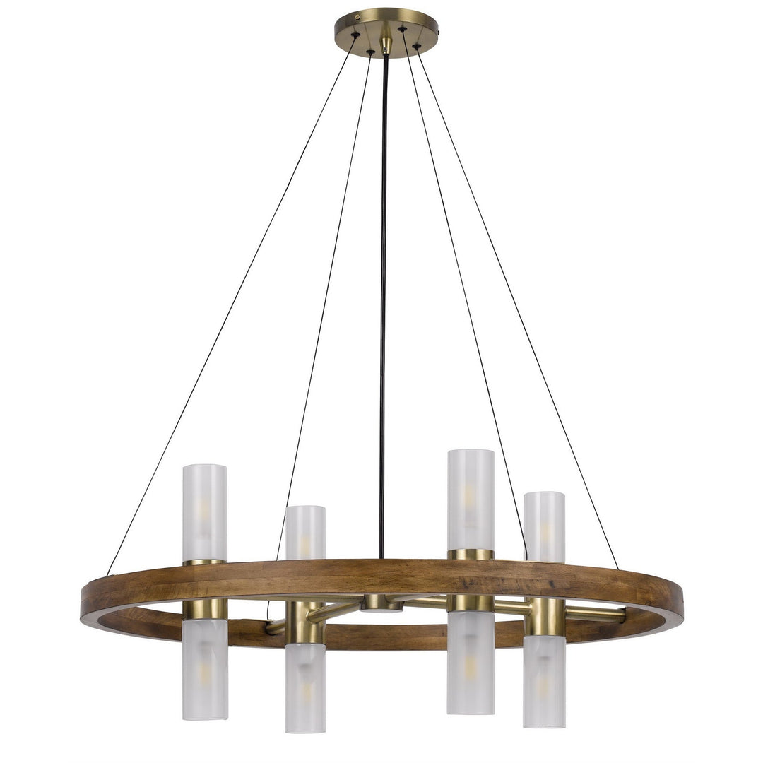##Antique Hardware## 40W X 8 HEMPSTEAD BIRCH WOOD CYLINDER CHANDELIER WITH ADJUSTABLE STEEL CABLE AND GLASS SHADES