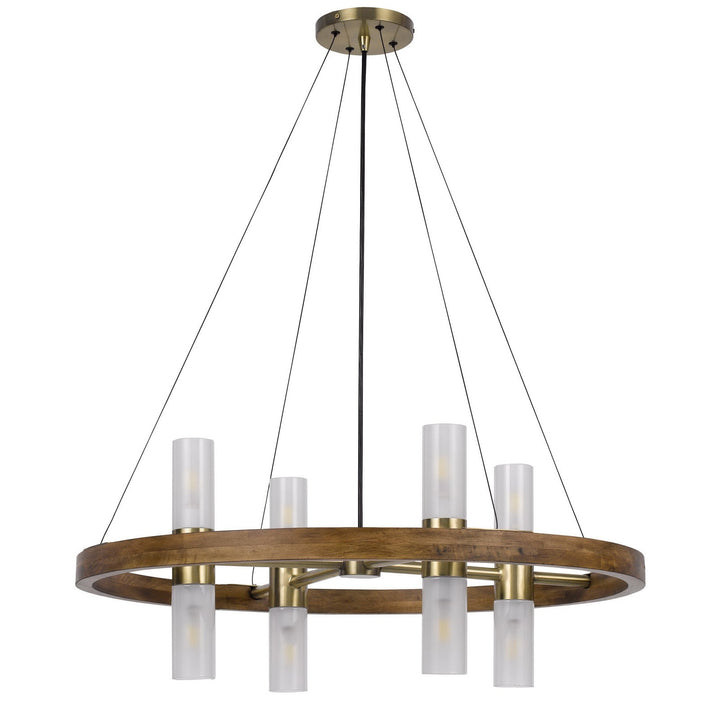##Antique Hardware## 40W X 8 HEMPSTEAD BIRCH WOOD CYLINDER CHANDELIER WITH ADJUSTABLE STEEL CABLE AND GLASS SHADES