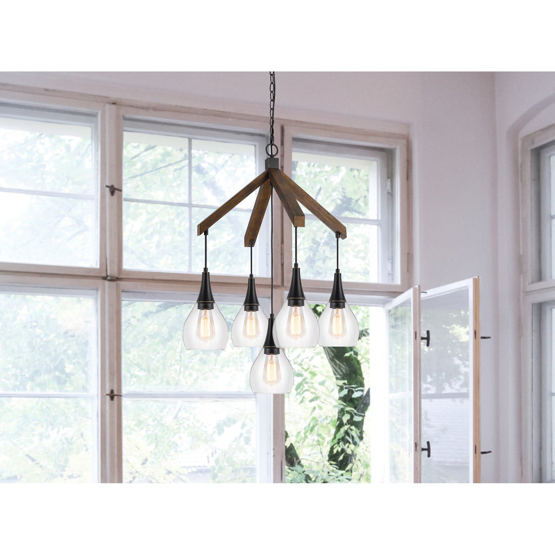 ##Antique Hardware## 60W X 5 WATKINS RUBBER WOOD CHANDELIER WITH HANGING GLASS SHADES