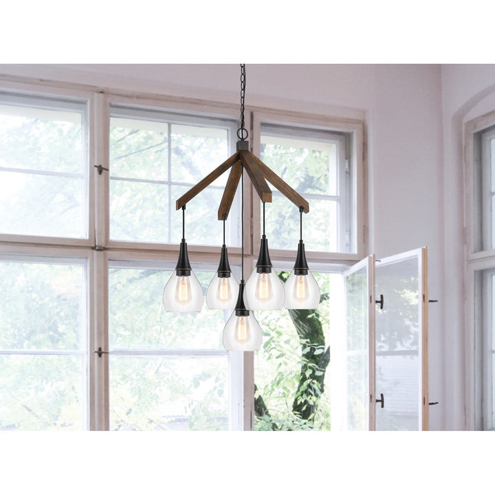 ##Antique Hardware## 60W X 5 WATKINS RUBBER WOOD CHANDELIER WITH HANGING GLASS SHADES