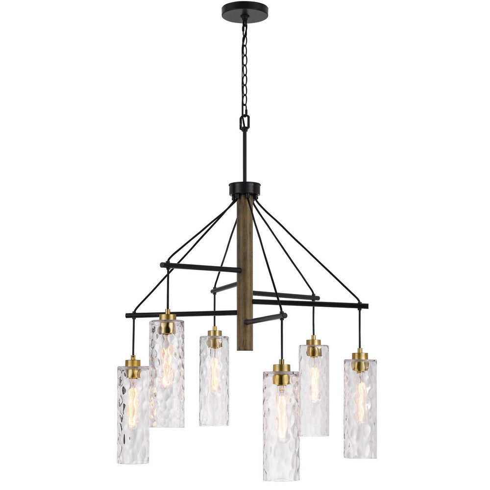 ##Antique Hardware## 60W X 6 WILLISTON RUBBER WOOD CHANDELIER WITH HANGING TEXTURED GLASS SHADES