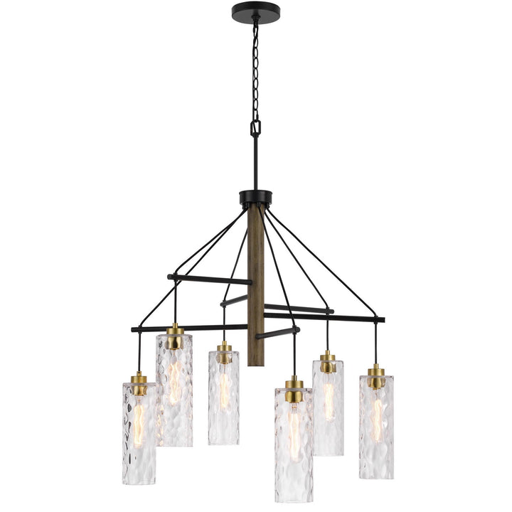 ##Antique Hardware## 60W X 6 WILLISTON RUBBER WOOD CHANDELIER WITH HANGING TEXTURED GLASS SHADES