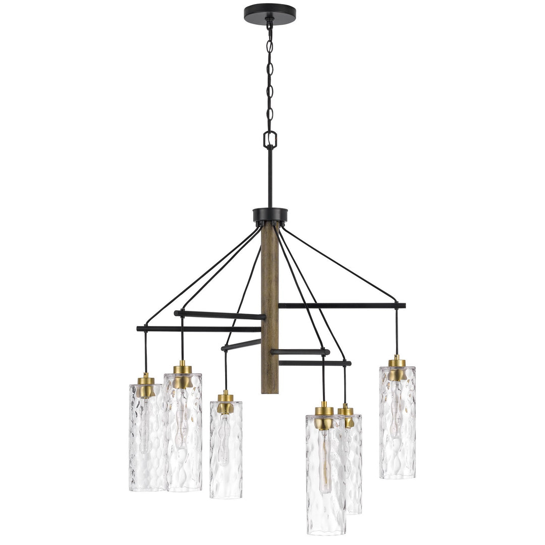 ##Antique Hardware## 60W X 6 WILLISTON RUBBER WOOD CHANDELIER WITH HANGING TEXTURED GLASS SHADES