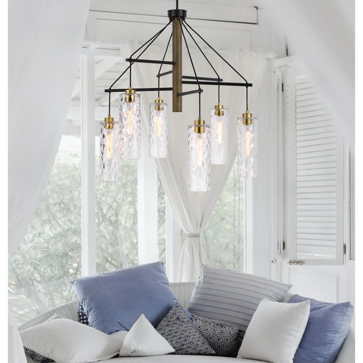 ##Antique Hardware## 60W X 6 WILLISTON RUBBER WOOD CHANDELIER WITH HANGING TEXTURED GLASS SHADES