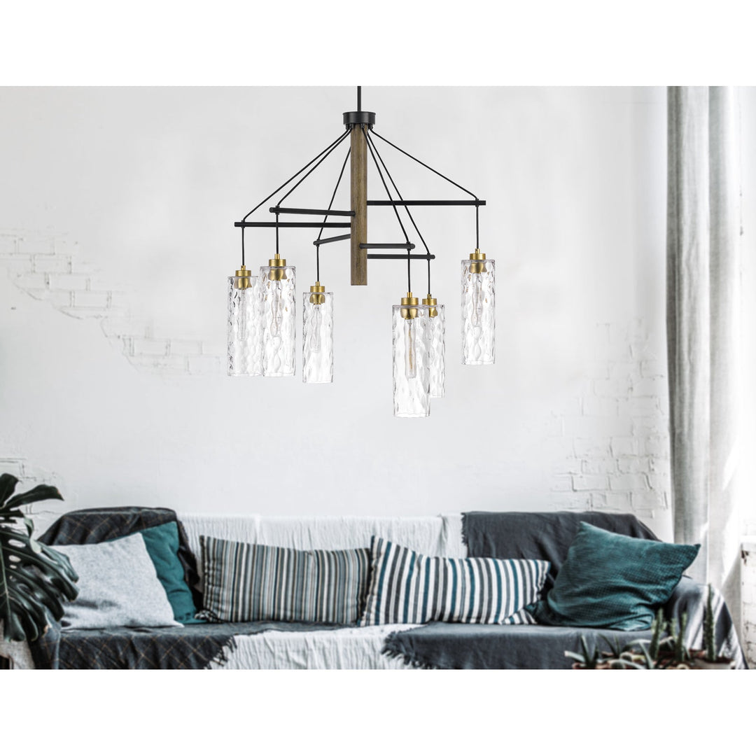 ##Antique Hardware## 60W X 6 WILLISTON RUBBER WOOD CHANDELIER WITH HANGING TEXTURED GLASS SHADES