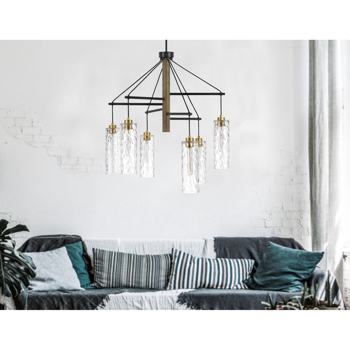 ##Antique Hardware## 60W X 6 WILLISTON RUBBER WOOD CHANDELIER WITH HANGING TEXTURED GLASS SHADES