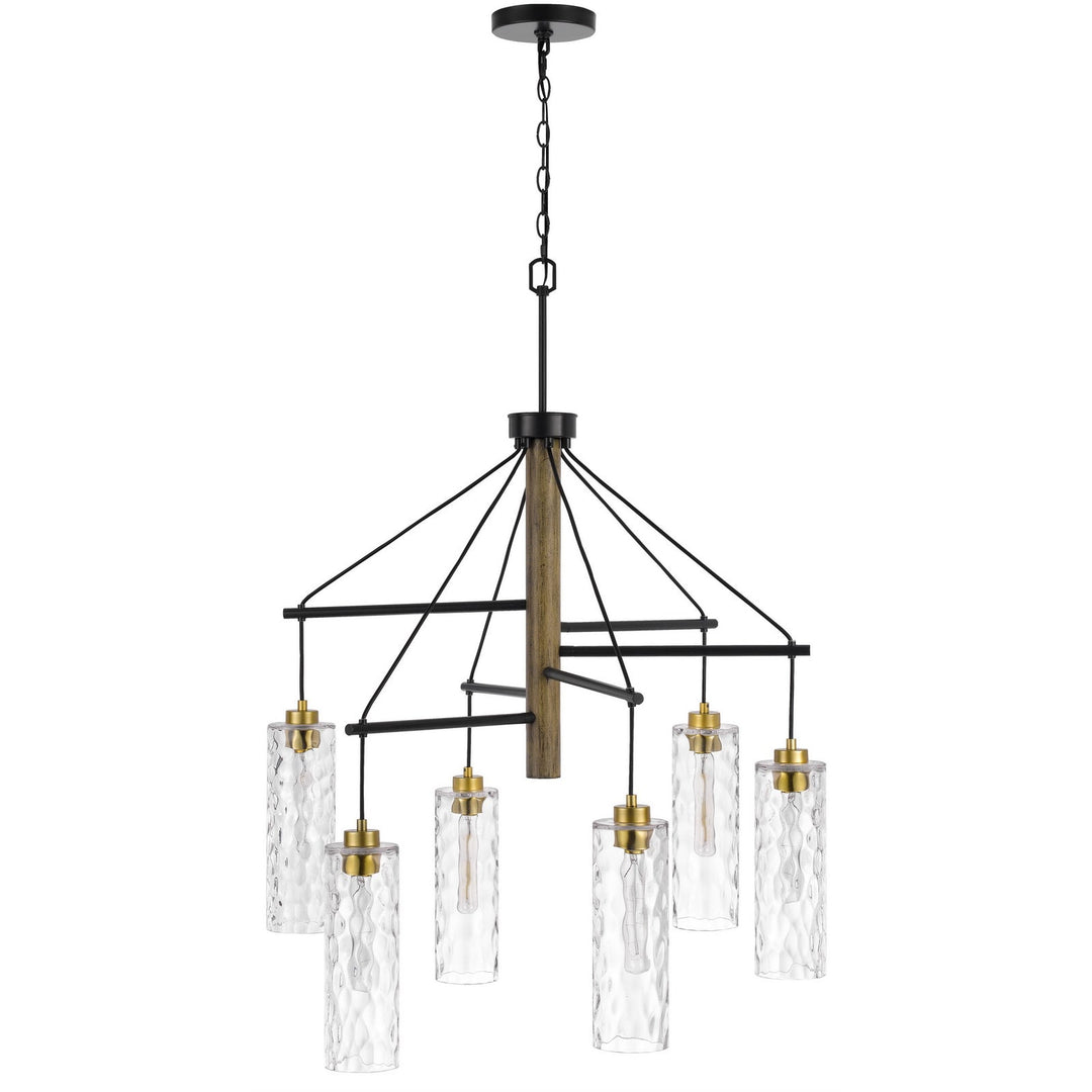 ##Antique Hardware## 60W X 6 WILLISTON RUBBER WOOD CHANDELIER WITH HANGING TEXTURED GLASS SHADES
