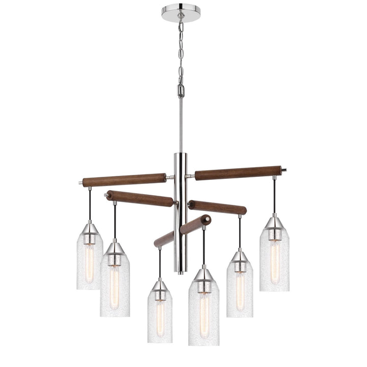 ##Antique Hardware## 60W X 6 MASSILLON RUBBER WOOD CHANDELIER WITH HANGING BULBBED GLASS SHADES
