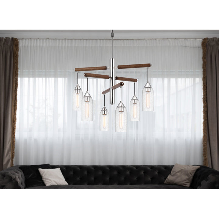 ##Antique Hardware## 60W X 6 MASSILLON RUBBER WOOD CHANDELIER WITH HANGING BULBBED GLASS SHADES