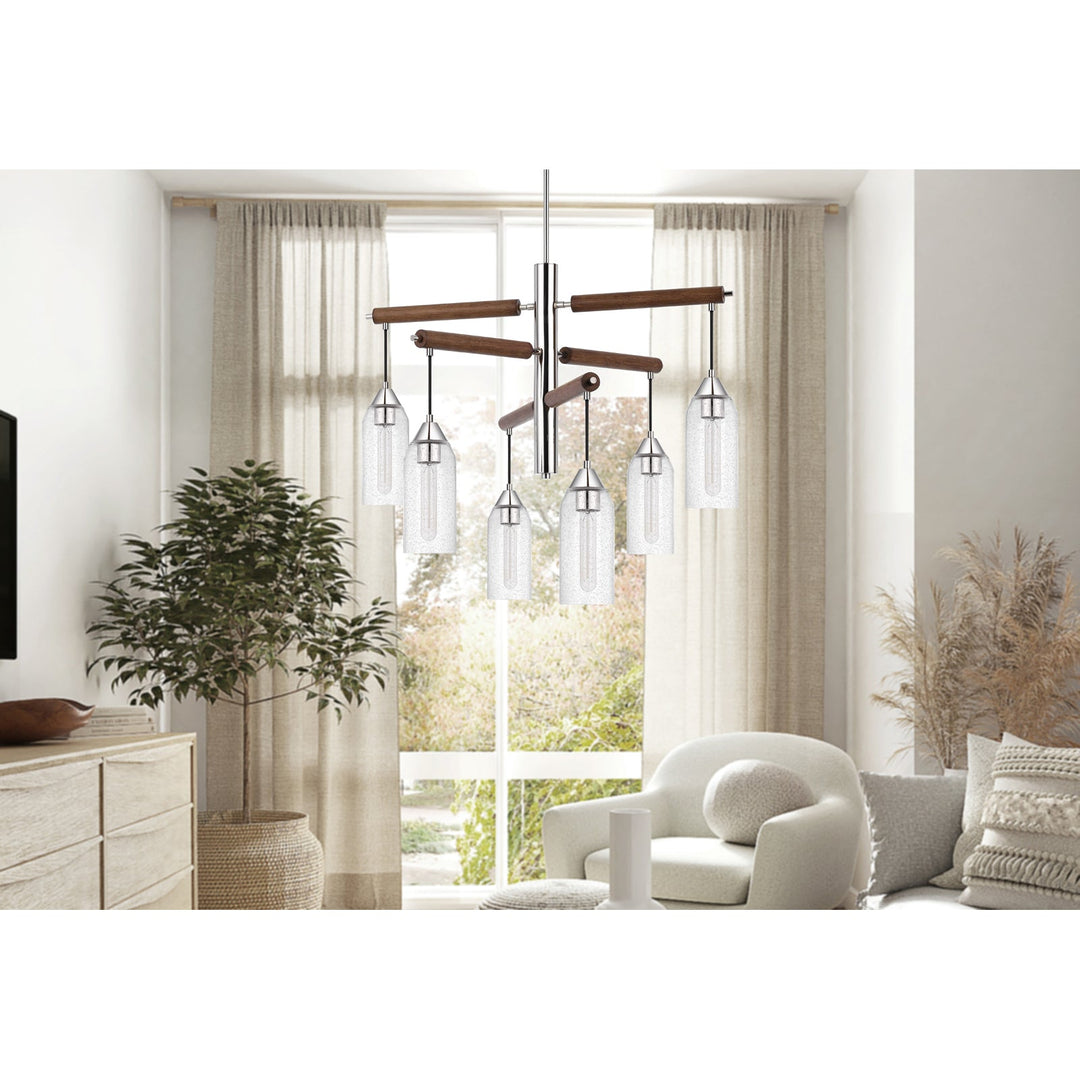 ##Antique Hardware## 60W X 6 MASSILLON RUBBER WOOD CHANDELIER WITH HANGING BULBBED GLASS SHADES