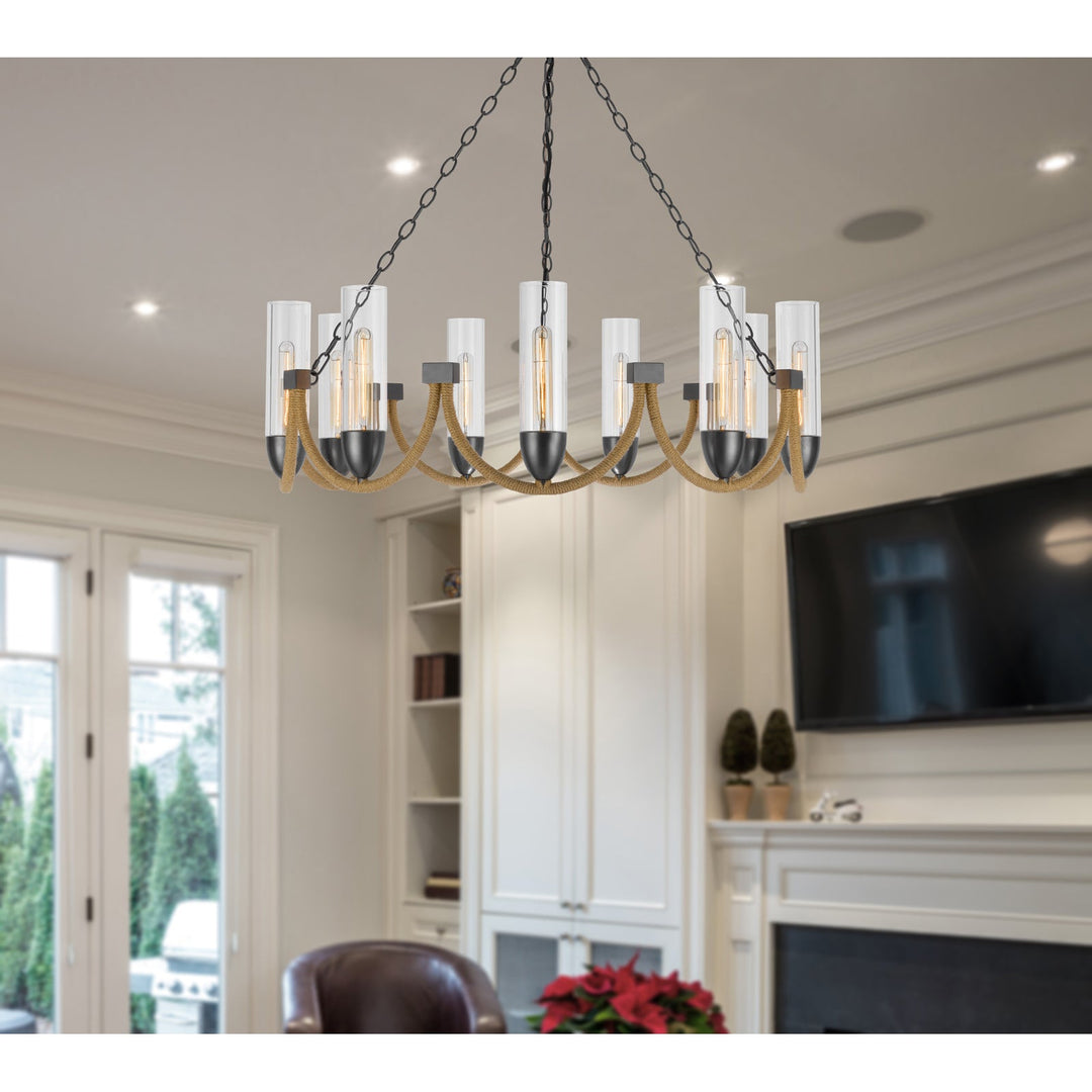 ##Antique Hardware## 60W X 9 ARGYLE METAL CHANDELIER WITH MOSS RODS AND GLASS SHADES