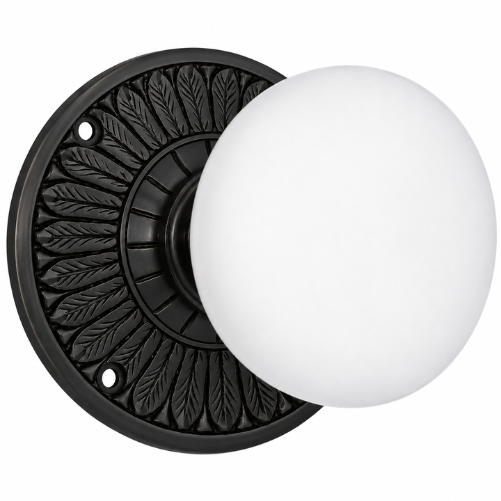 Feather Rosette Door Set with White Porcelain Door Knobs (Several Finishes Available)