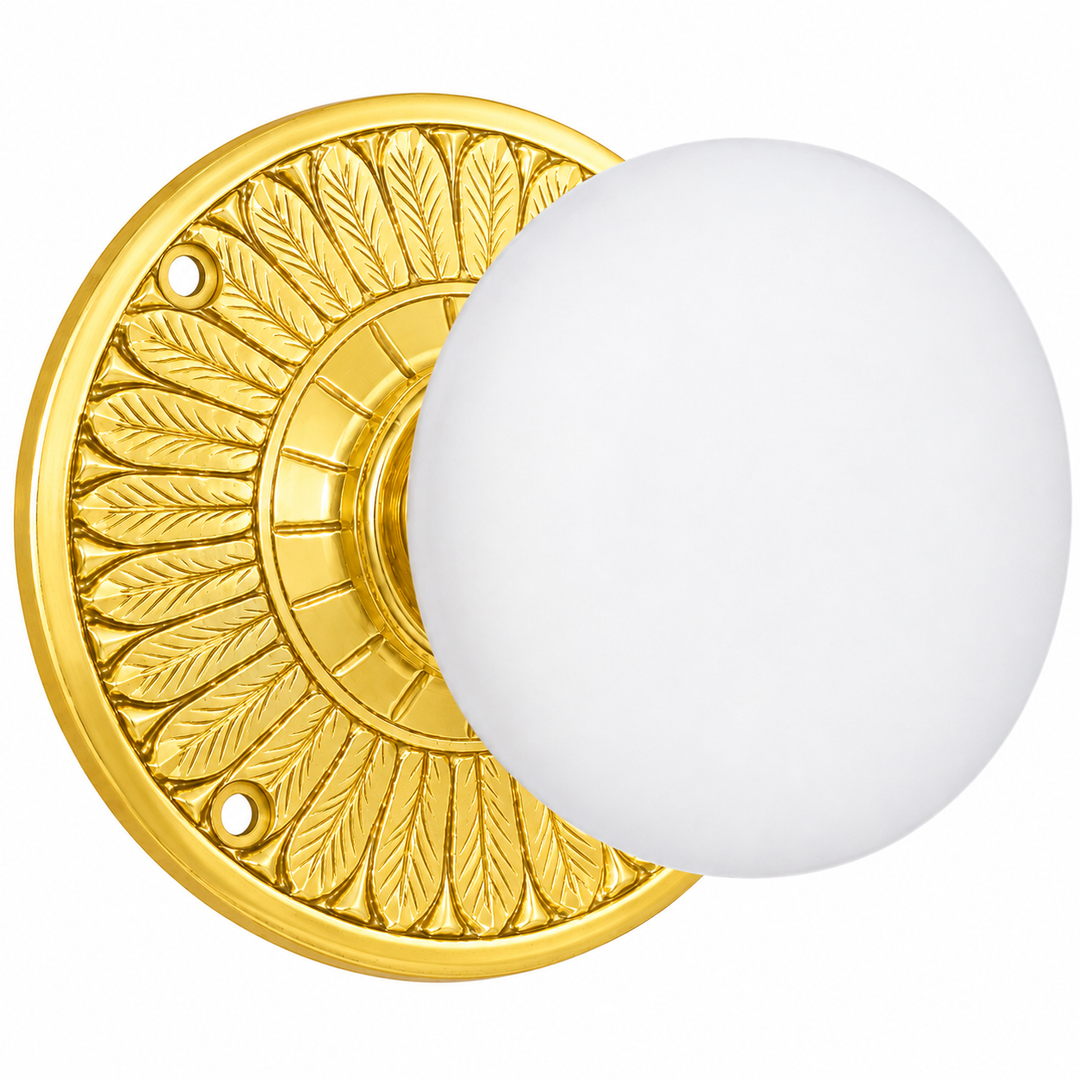 Feather Rosette Door Set with White Porcelain Door Knobs (Several Finishes Available)