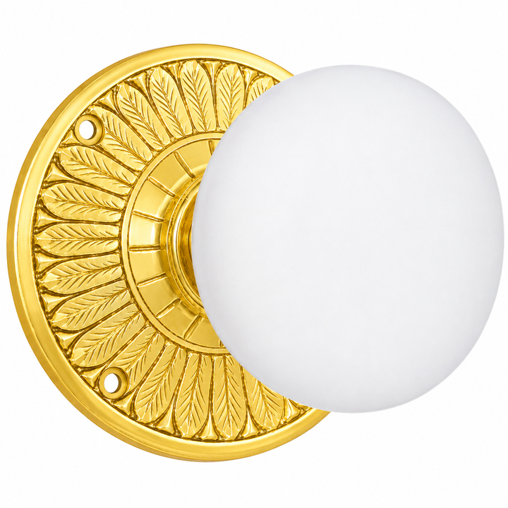 Feather Rosette Door Set with White Porcelain Door Knobs (Several Finishes Available)