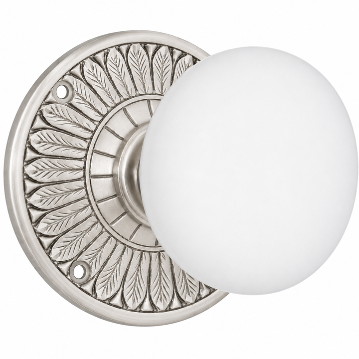 Feather Rosette Door Set with White Porcelain Door Knobs (Several Finishes Available)