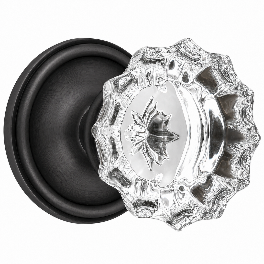 Traditional Rosette Door Set with Fluted Crystal Door Knobs (Several Finishes Available)