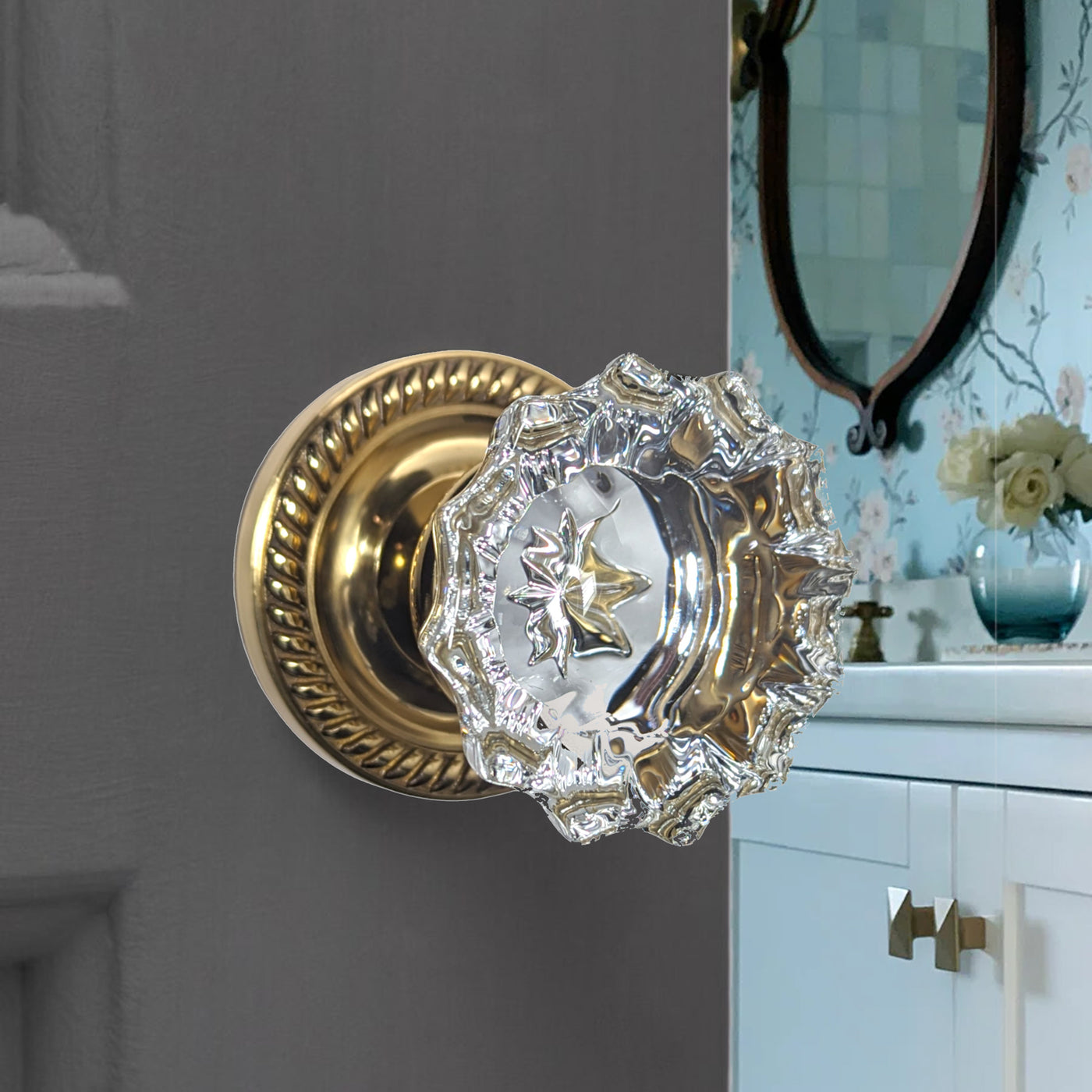 Georgian Roped Rosette Door Set with Fluted Crystal Door Knobs (Several Finishes Available)