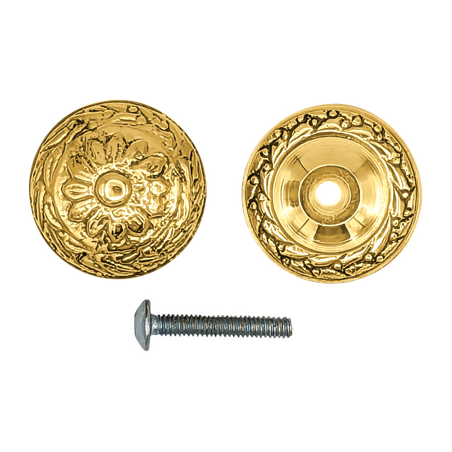 1 1/4 Inch Ornate Floral Round Solid Brass Cabinet & Furniture Knob