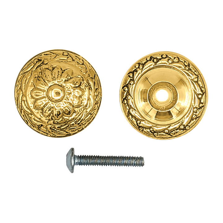 1 1/4 Inch Ornate Floral Round Solid Brass Cabinet & Furniture Knob