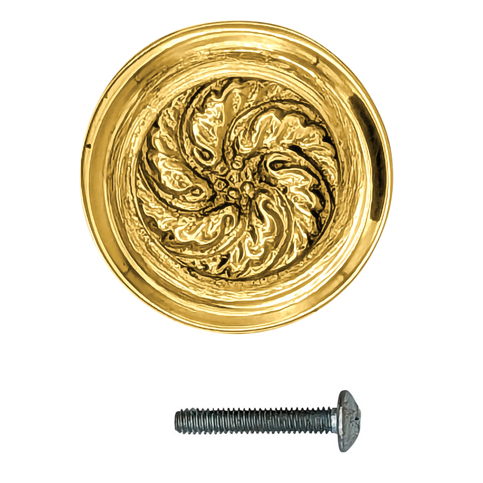 1 4/5 Inch Solid Brass Round Floral Print Leaf Cabinet & Furniture Knob