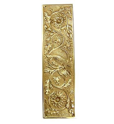 ##Antique Hardware## Open Box Sale Item 11 1/4 Inch Cockatiel Bird and Flower Push Plate (Polished Brass Finish)