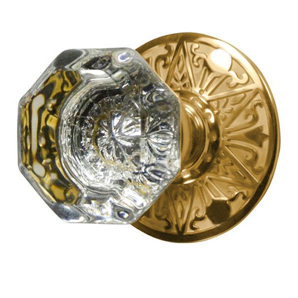 Crystal Octagon Door Knob Set with Solid Brass Eastlake Rosettes (Several Finishes Available)